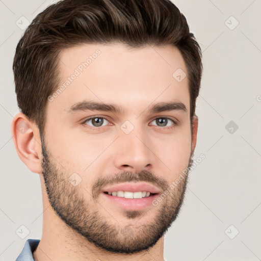 Joyful white young-adult male with short  brown hair and brown eyes