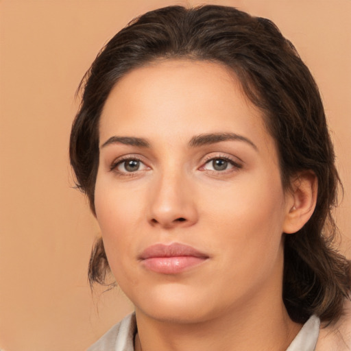 Neutral white young-adult female with medium  brown hair and brown eyes