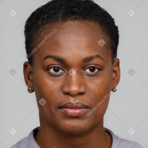 Neutral black young-adult female with short  brown hair and brown eyes