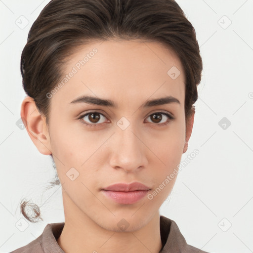 Neutral white young-adult female with medium  brown hair and brown eyes