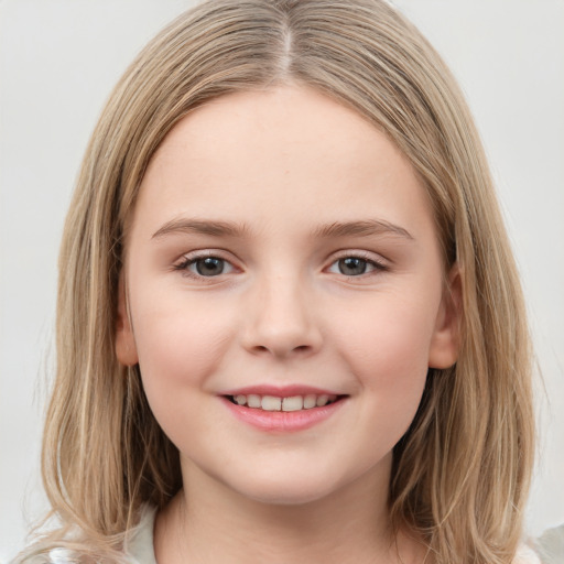 Joyful white child female with medium  brown hair and grey eyes