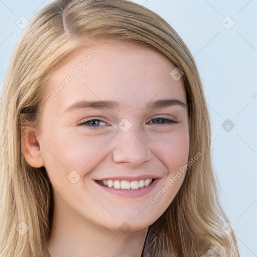 Joyful white young-adult female with long  brown hair and blue eyes