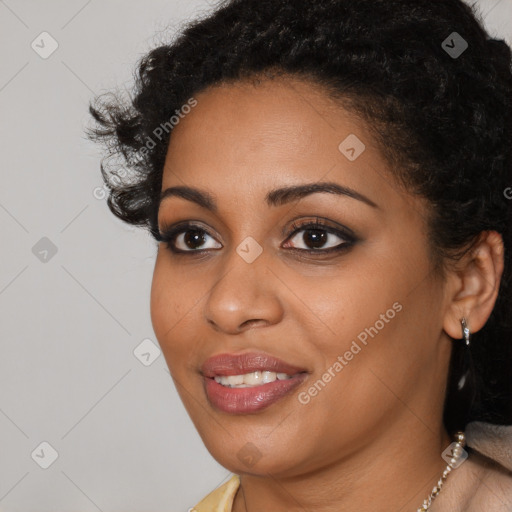 Joyful latino young-adult female with long  black hair and brown eyes