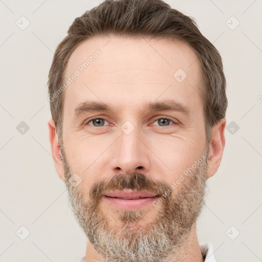 Neutral white adult male with short  brown hair and grey eyes