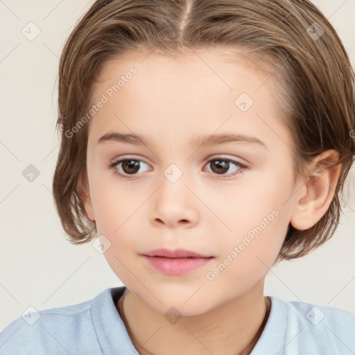 Joyful white child female with medium  brown hair and brown eyes