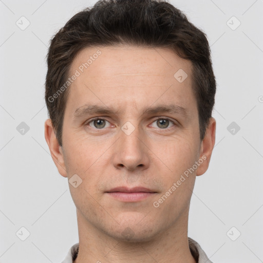 Neutral white young-adult male with short  brown hair and brown eyes