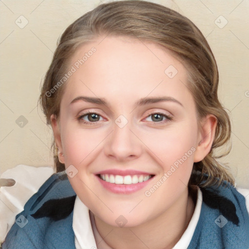 Joyful white young-adult female with medium  brown hair and blue eyes