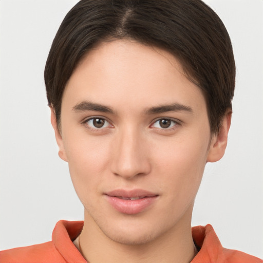 Neutral white young-adult female with short  brown hair and brown eyes