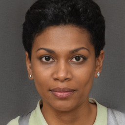 Neutral black young-adult female with short  black hair and brown eyes