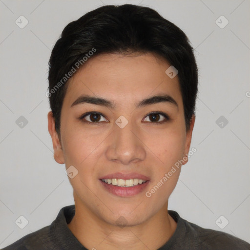 Joyful asian young-adult male with short  black hair and brown eyes