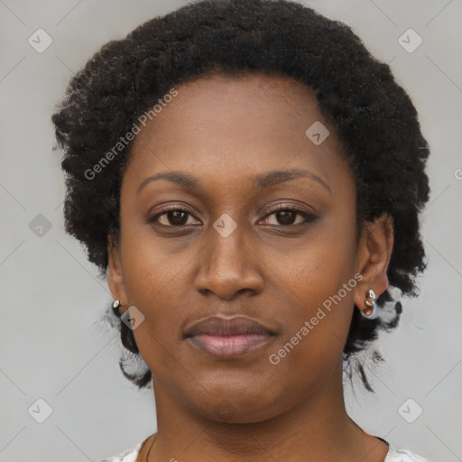 Neutral black young-adult female with short  black hair and brown eyes