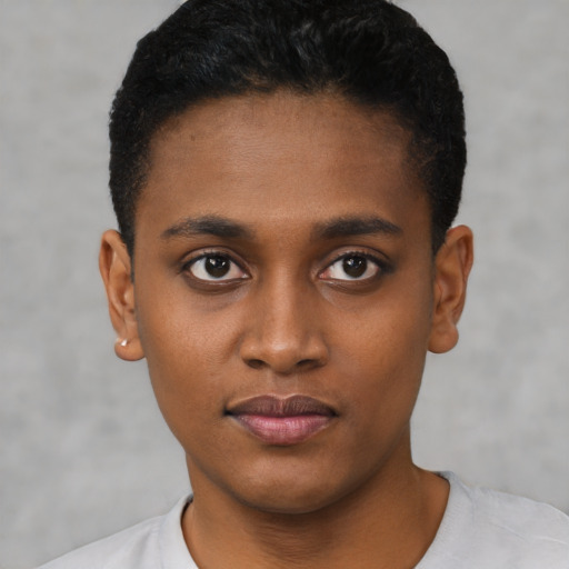 Neutral black young-adult male with short  black hair and brown eyes