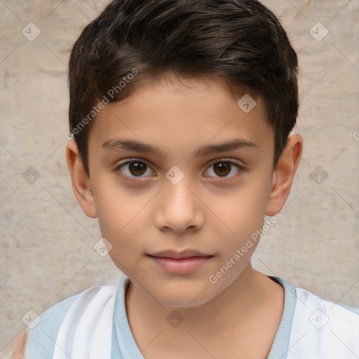 Joyful white child male with short  brown hair and brown eyes