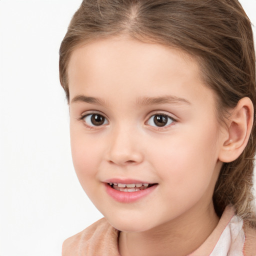 Joyful white child female with medium  brown hair and brown eyes