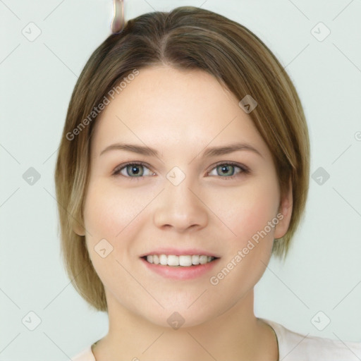 Joyful white young-adult female with medium  brown hair and grey eyes