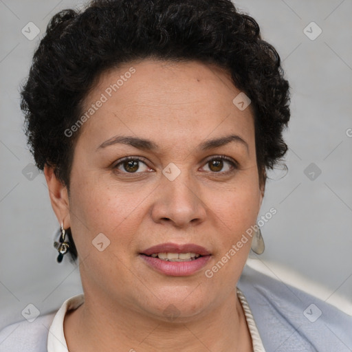 Joyful white adult female with short  brown hair and brown eyes