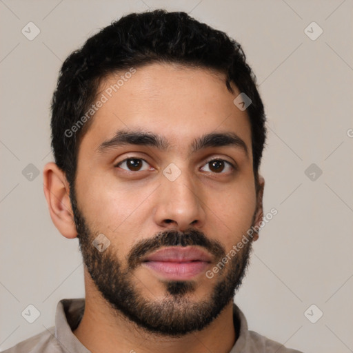 Neutral latino young-adult male with short  black hair and brown eyes