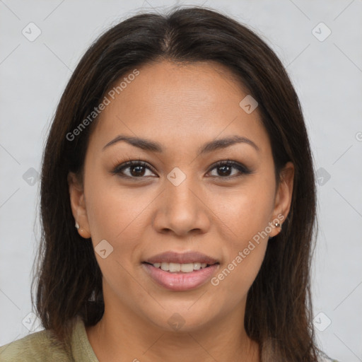 Joyful latino young-adult female with medium  brown hair and brown eyes