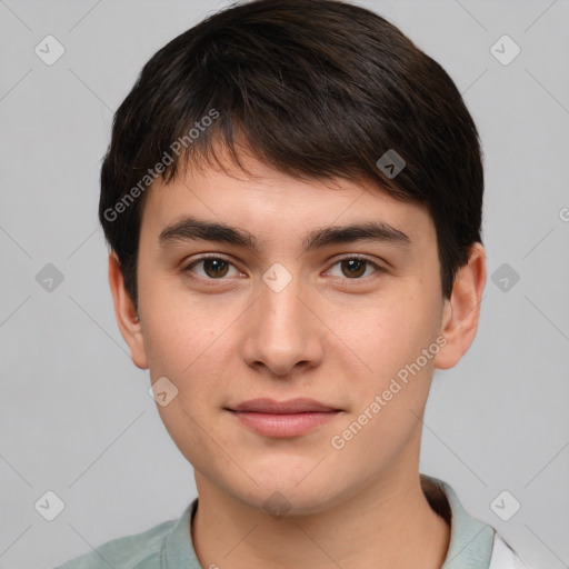 Neutral white young-adult male with short  brown hair and brown eyes