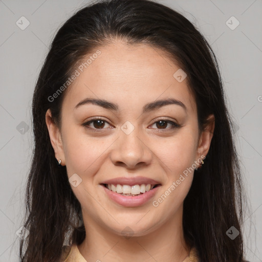 Joyful white young-adult female with long  brown hair and brown eyes