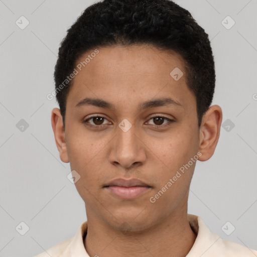 Neutral latino young-adult male with short  black hair and brown eyes