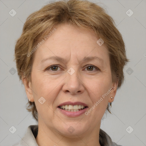 Joyful white adult female with short  brown hair and grey eyes