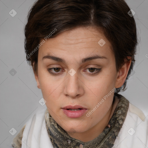 Neutral white young-adult female with medium  brown hair and brown eyes