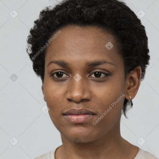 Neutral black young-adult female with short  black hair and brown eyes