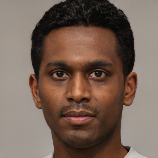 Neutral black young-adult male with short  black hair and brown eyes