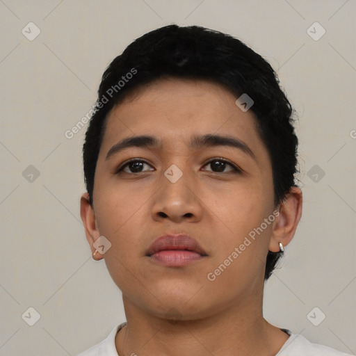Neutral asian young-adult female with short  black hair and brown eyes