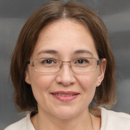 Joyful white adult female with medium  brown hair and grey eyes