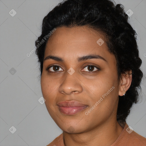 Joyful latino young-adult female with medium  black hair and brown eyes