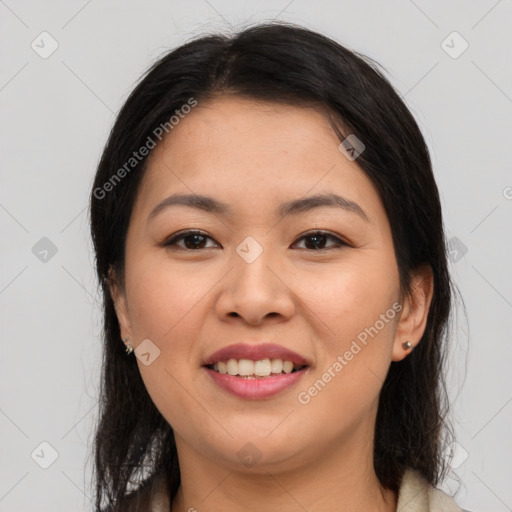 Joyful asian young-adult female with medium  brown hair and brown eyes