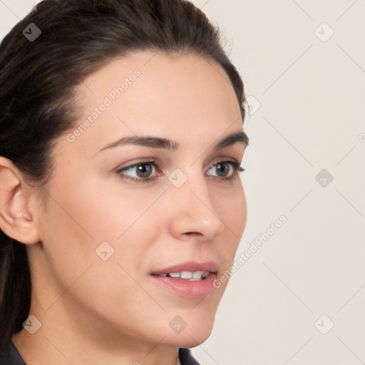 Neutral white young-adult female with medium  brown hair and brown eyes