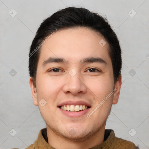 Joyful white young-adult male with short  black hair and brown eyes