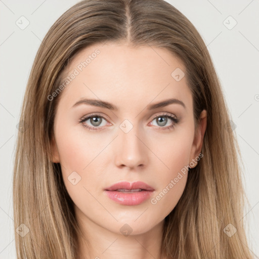 Neutral white young-adult female with long  brown hair and grey eyes