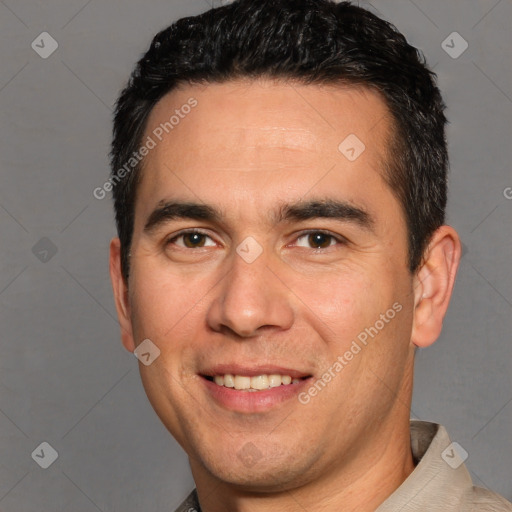 Joyful white young-adult male with short  black hair and brown eyes