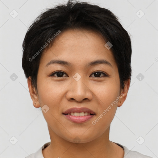 Joyful asian young-adult female with short  brown hair and brown eyes