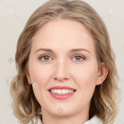 Joyful white young-adult female with medium  brown hair and green eyes