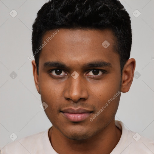 Neutral latino young-adult male with short  black hair and brown eyes