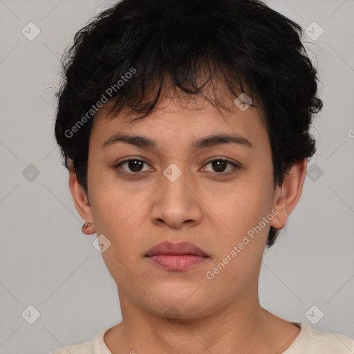 Neutral asian young-adult female with short  black hair and brown eyes