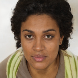 Joyful black adult female with long  brown hair and brown eyes