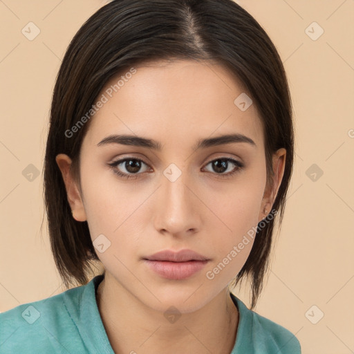 Neutral white young-adult female with long  brown hair and brown eyes