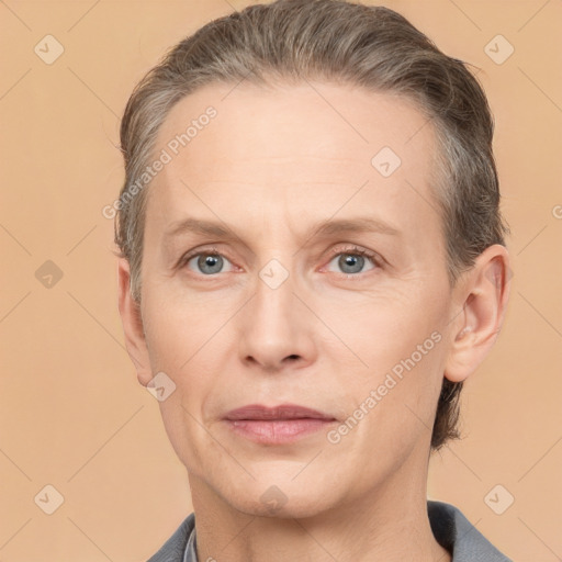 Joyful white adult male with short  brown hair and grey eyes