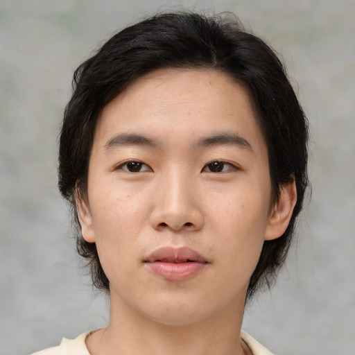 Neutral asian young-adult female with medium  brown hair and brown eyes