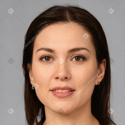 Joyful white young-adult female with medium  brown hair and brown eyes