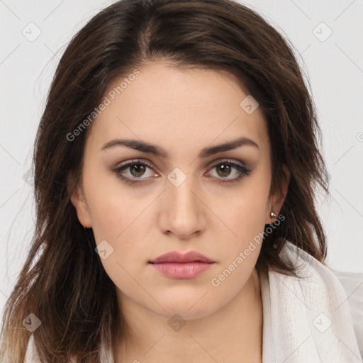 Neutral white young-adult female with long  brown hair and brown eyes