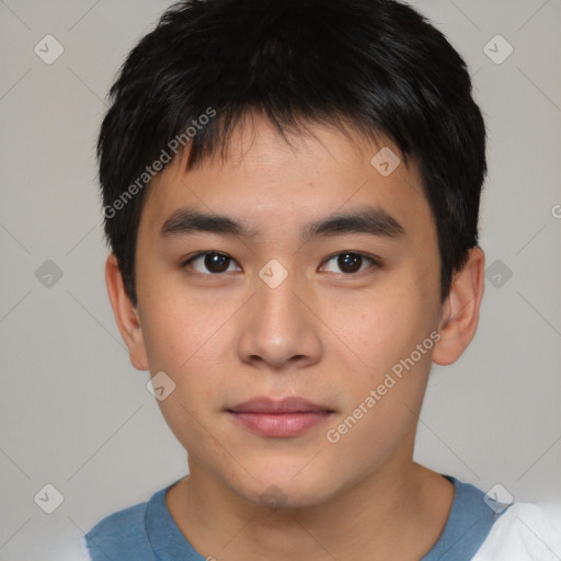Neutral asian young-adult male with short  brown hair and brown eyes