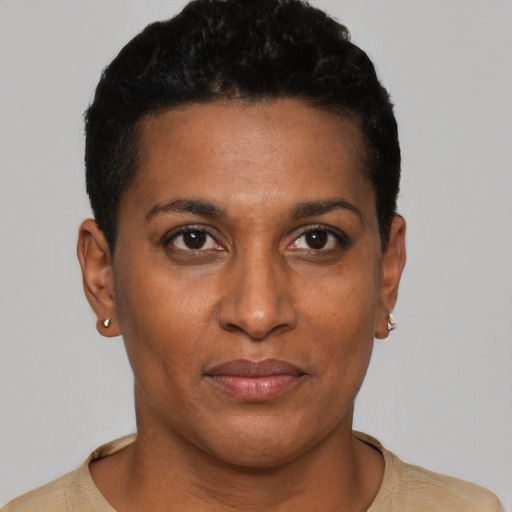 Joyful black young-adult female with short  black hair and brown eyes