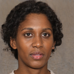 Neutral black young-adult female with medium  brown hair and brown eyes